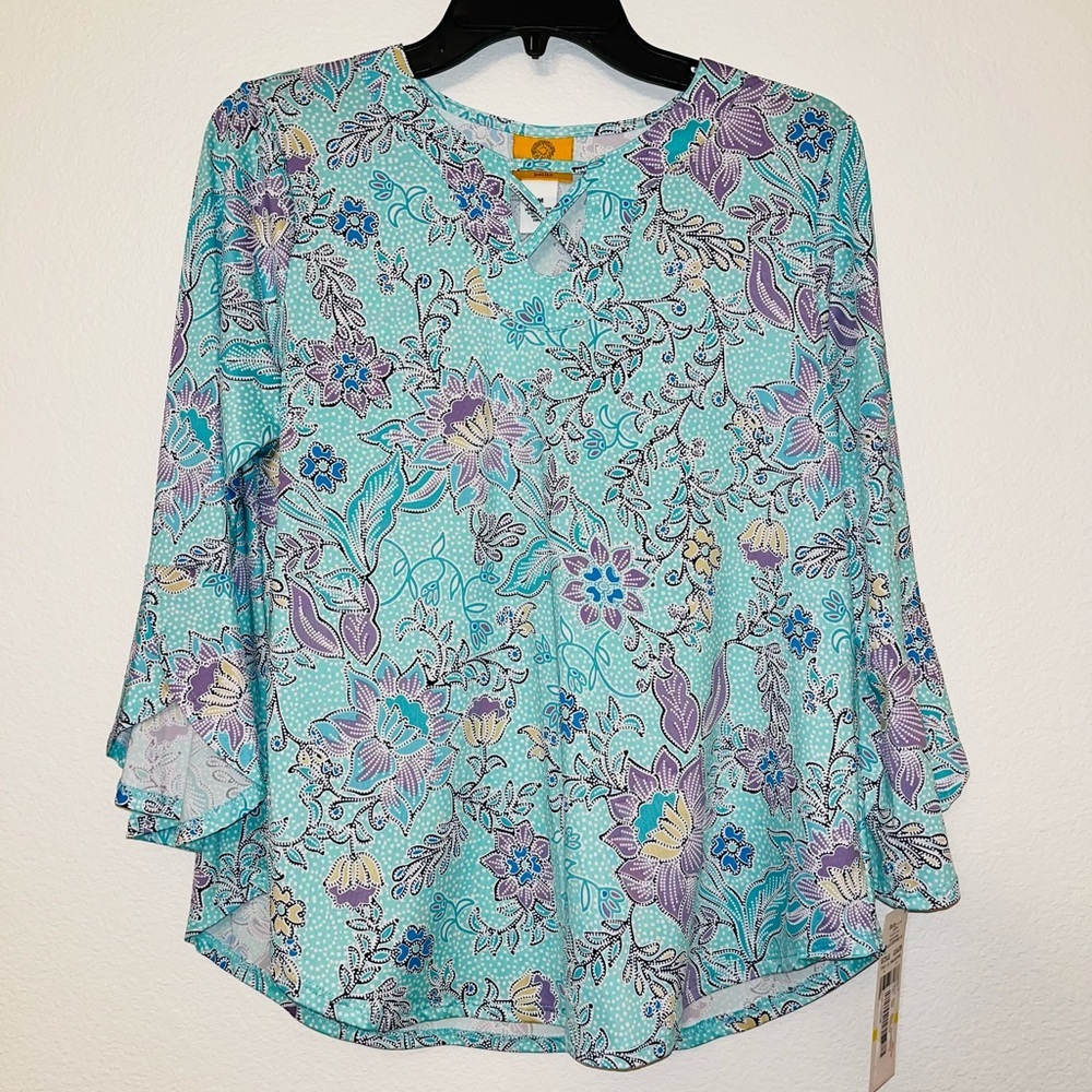 Ruby Rd. Aqua Floral V-Neck Ruffle Sleeve Blouse